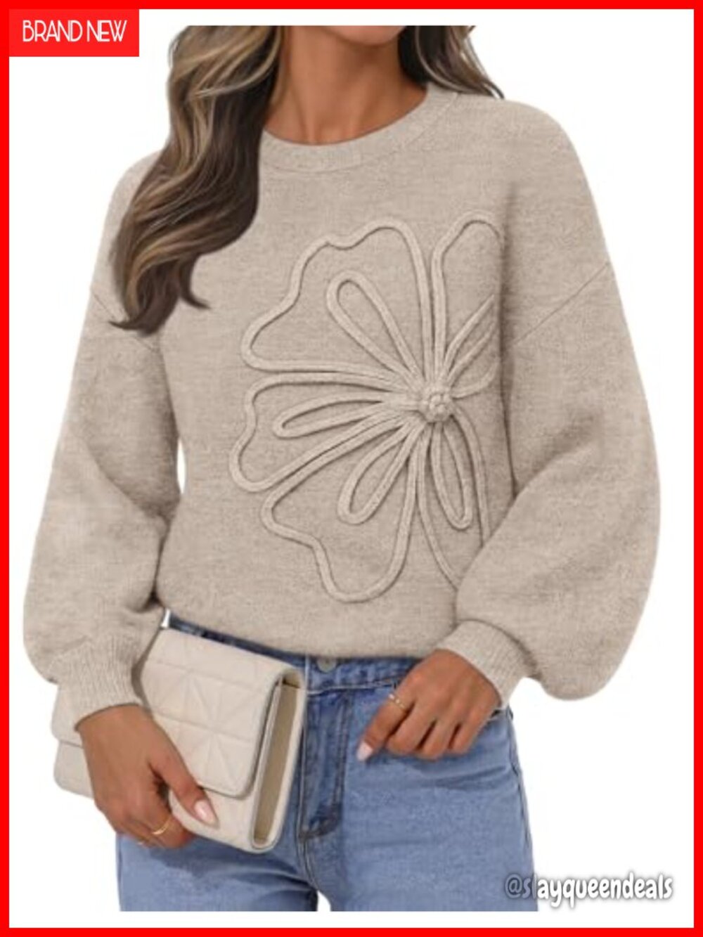 Women's Oversized Floral Knit Pullover Sweater Lantern Sleeve Crew Neck